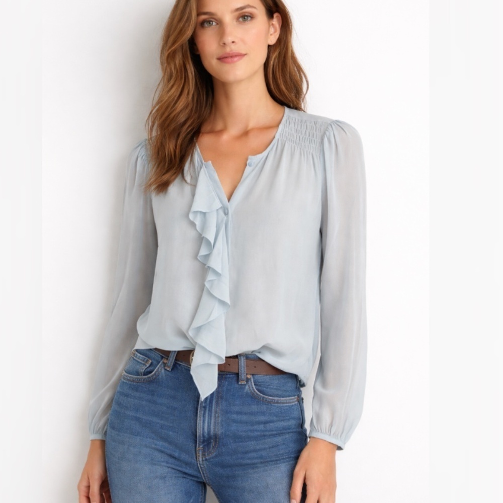 Anthropologie Moulinette Soeurs Cascade Silk Ruffle Blouse Blue/Gray Size 6 NWT